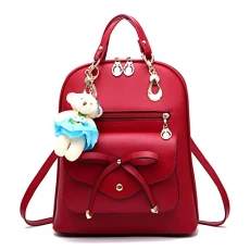 Lady's Bags PU Leather Bag Women's Girl's Casual Travel Shoulder Backpacks with Bear Winered