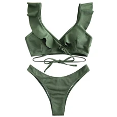 Lalaluka Bikini Women's Swimsuit Set High Waist Flounce Two Piece Lace Up Two Piece Swimwear Swimsuit Bikini Top Bikini Bottoms Swimsuit Beach Bikini Swimwear - Green - M