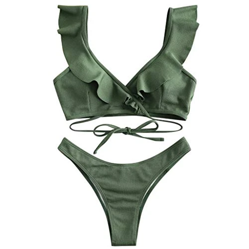 Lalaluka Bikini Women's Swimsuit Set High Waist Flounce Two Piece Lace Up Two Piece Swimwear Swimsuit Bikini Top Bikini Bottoms Swimsuit Beach Bikini Swimwear - Green - M