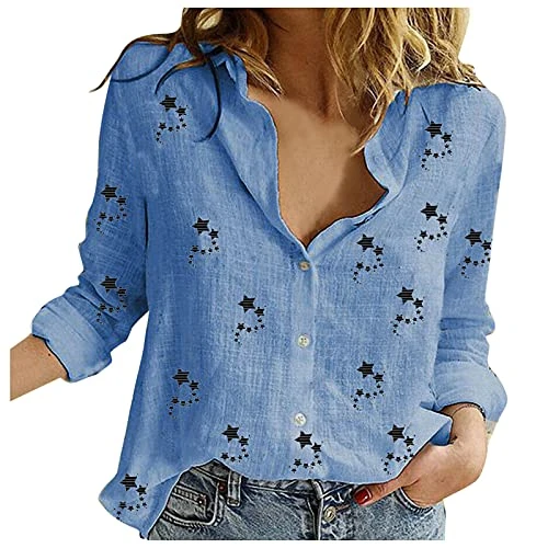 Lalaluka Blouse Women's Shirt Blouse Summer Autumn V-Neck Long Sleeve Light Buttons Star Print Loose