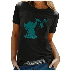 Lalaluka Blouse women's tops casual beautiful elephant dandelion print crew neck t-shirt women t-shirt top blouse tunic top t-shirt shirt long shirt short sleeve sweatshirt tee - Black - XXL