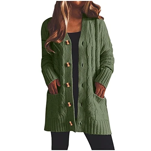 Lalaluka Cardigan Women's Cardigan Single Breasted Chunky Twist Pockets Knitted Cardigan Sweater Long Sleeve Sweatshirt Coat Jacket Tops Outwear, Green, M
