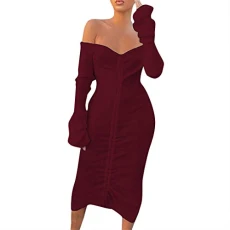 Lalaluka Dresses Women's Wrap Dresses Long Sleeve Midi Off Shoulder Plain Dress Bodycon Dress Mini Dress Women's Dresses Cocktail Sheath Dress Summer Dresses, Wine Red, L