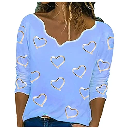 Lalaluka Long Sleeve Shirt Women's Blouse Heart Print Ruffle Loose Long Shirt Women Blouse T-Shirt T