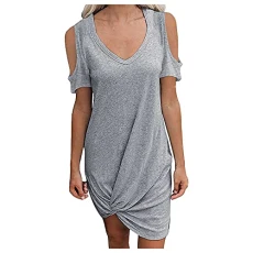 Lalaluka Summer Dress Women's Beach Dress Knee-Length Plain Knotted V-Neck Off Shoulder Beach Dress Casual Dress Sheath Dress Strap Dress - Grey - XXL