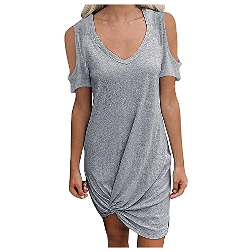 Lalaluka Summer Dress Women's Beach Dress Knee-Length Plain Knotted V-Neck Off Shoulder Beach Dress Casual Dress Sheath Dress Strap Dress - Grey - XXL