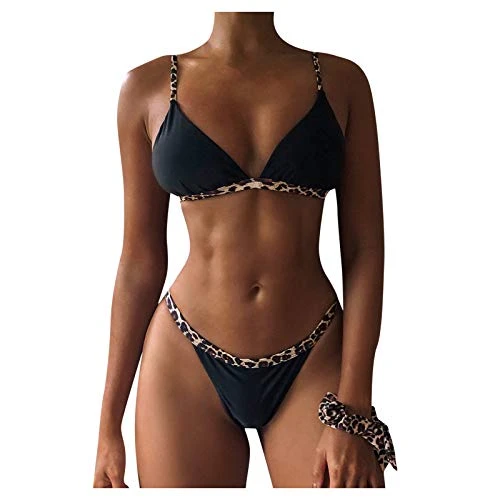 Lalaluka Swimsuit Set Women's Bikini Knotted Leopard Triangle Spaghetti Swimwear Two Piece Swimsuits Swimsuit Bikini Top Bikini Bottoms Swimsuit Beach Bikini Swimwear - Black - S