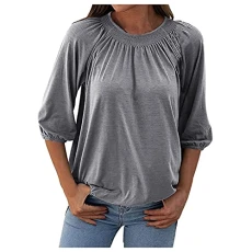 Lalaluka T-Shirt Women's Blouse Plain Round Neck Pleated 3/4 Sleeve Top Blouse Summer Women T-Shirt Blouse Tunic Top Blouse Shirt Long Shirt Short Sleeve Shirt, gray, M