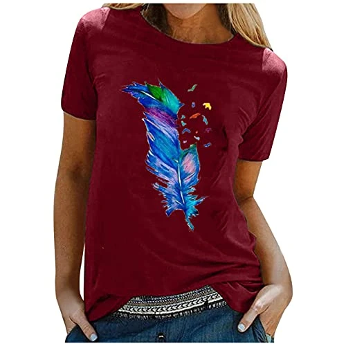 Lalaluka T-Shirts for Women Summer Short Sleeve Casual Feather Printing T-Shirts Tunic Blouse Tops Shirt Short Sleeve Tops - Red - M