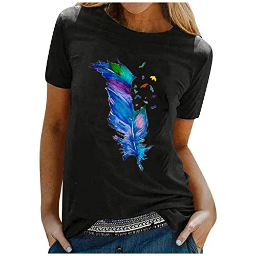 Lalaluka T-Shirts for Women Summer Short Sleeve Casual Feather Printing T-Shirts Tunic Blouse Tops Shirt Short Sleeve Tops - Black - S