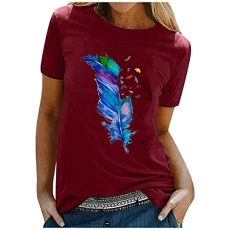 Lalaluka T-Shirts for Women Summer Short Sleeve Casual Feather Printing T-Shirts Tunic Blouse Tops Shirt Short Sleeve Tops - Red - M