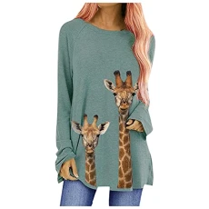 Lalaluka Tops Women's Long Shirt Long Sleeve Giraffe Print Crew Neck Blouse Women Top T-Shirt Blouses Tunic Top Blouse Shirt T-Shirt Shirt Long Shirt, Green, Large