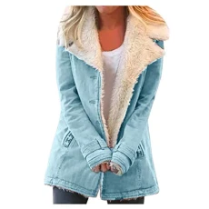 Lalaluka Women's coat made of composite fabric plush with lapel buttons, outdoor jacket, hooded jacket, winter jacket, mountain jackets, down jacket, cardigan, sweat jacket, blue, L
