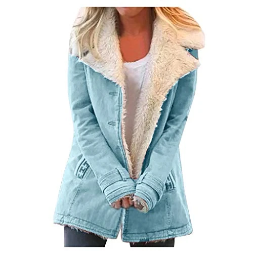 Lalaluka Women's coat made of composite fabric plush with lapel buttons, outdoor jacket, hooded jacket, winter jacket, mountain jackets, down jacket, cardigan, sweat jacket, blue, L