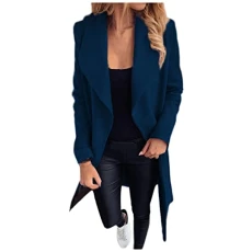Lalaluka Women's coat, sweat jacket, plain pocket lapels, wool belt, cardigan, jacket, winter jackets, outdoor jacket, hooded jacket, outdoor jacket, hooded jacket, navy, L