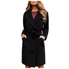 Lalaluka Women's Plain Slim Cut Wool Coat with Belt Lapel Cardigan Down Jacket Parka Women's Winter Coats, black, L
