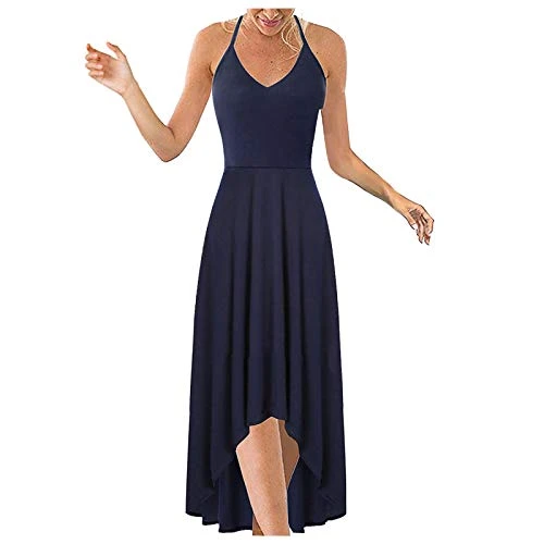 Lalaluka Women's Summer Dresses Long Strappy Dress Sexy Plain Halter V-Neck Dresses Cocktail Dress Flower Dress Beach Dress Maxi Dress Casual Dress, navy, XXL