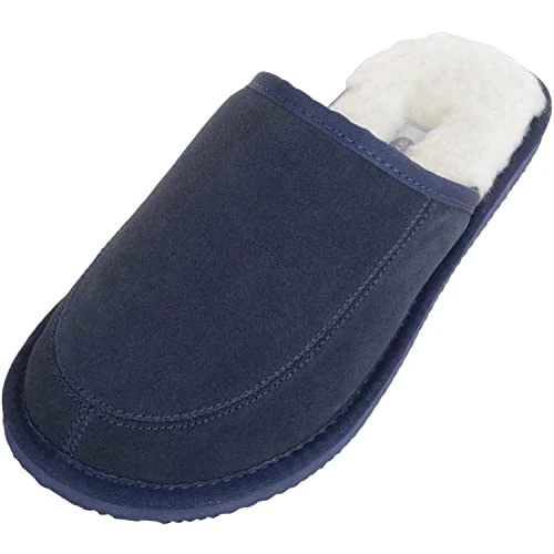 Lambswool Mule Slippers with Lightweight Sole, Navy, UK 11