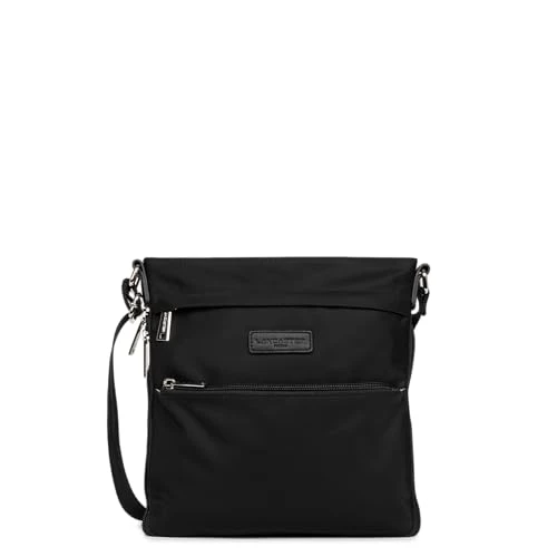 lan24618-noir Black Canvas shoulder bag with calfskin leather