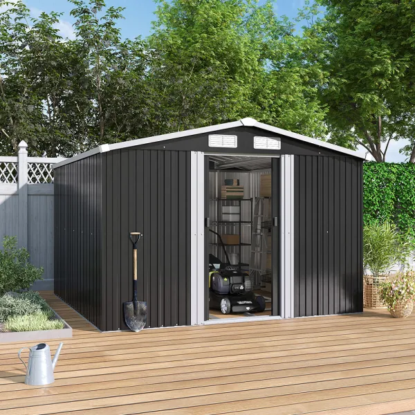Large Black Garden Galvanised Shed with Gabled Roof Top