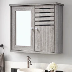 Large Grey Wooden Mirror Wall Cabinet
