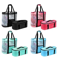 Large Picnic Bag, Big Capacity Mesh Waterproof Beach Tote Bag for Outdoor, Multi-Functional Travel Bag for Man Women, Shopping Handbag for Family, Grocery Storage Bag, Luggage Bag