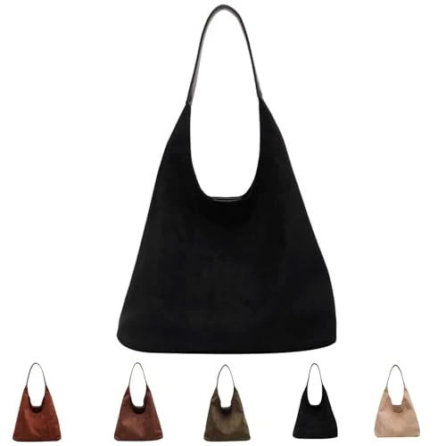 Large Suede Tote Bag For Women, Suede Bag Brown Suede Hobo Tote Bags for Women, Suede Tote Bag for Travel Shopping Work (Black)