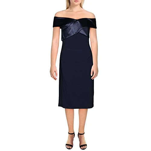 Lauren  Womens Criss Cross Front Ruched Midi Dress, Navy, 18