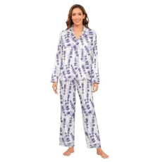 Lavender Floral Flower Purple Women's Satin Pyjamas Set Long Sleeve Button Down Sleepwear L