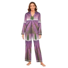 Lavender Flower Field Purple Sunset Women's Satin Pyjamas Set Long Sleeve Button Down Sleepwear L