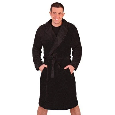 LD Outlet Mens Gents Full Length Velour Fleece Robe Dressing Gown + Belt Size Black Medium