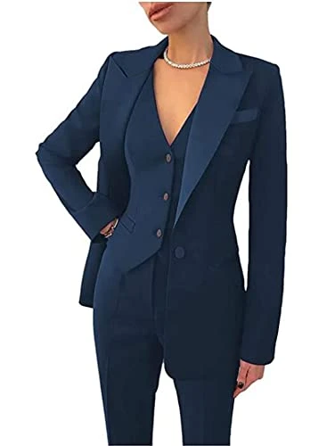 Leader of Beauty Women's Navy Blue 3 Piece Solid Work Pant Suit for Women Business Office Lady Suits