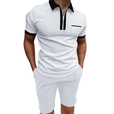 Leather Belt Men Black Male Casual Solid Pocket Two Piece Suit Zipper Collar Short Sleeve Top Blouse Suit Drawstr Folding Board, White, L