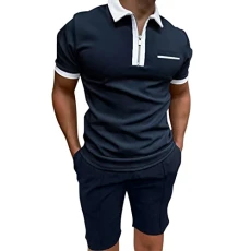 Leather Belt Men Black Male Casual Solid Pocket Two Piece Suit Zipper Collar Short Sleeve Top Blouse Suit Drawstr Folding Board, navy, L
