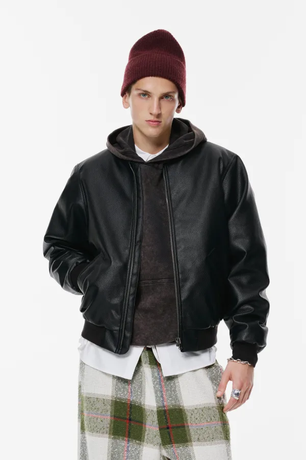 Leather-Effect Bomber Jacket - Black