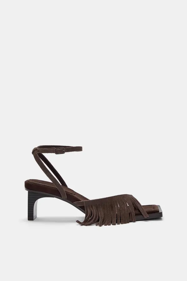 Leather High-Heel Sandals With Fringing - Brown