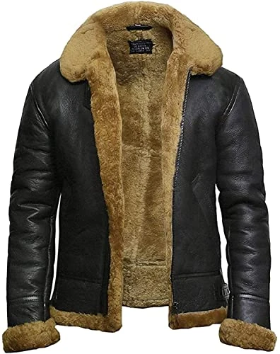 Leather Jacket Mens Genuine Shearling Sheepskin Lining Bomber Pilot Aviator B3 WWII Flying Jacket Th