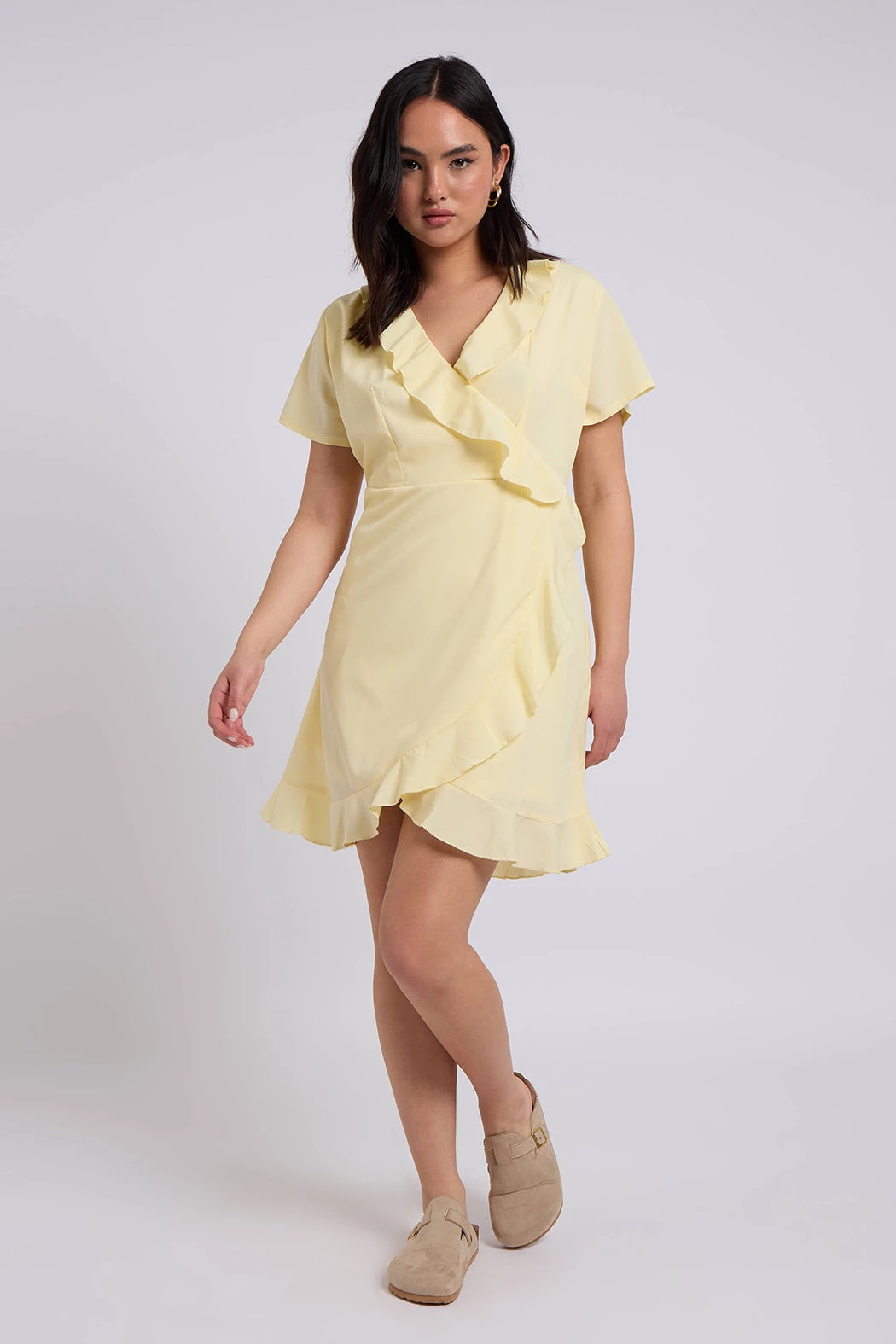 Lemon Woven Frill Tea Dress With Lining /