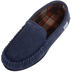Leo Mens Suede Loafer Moccasin Slippers with Checked Cotton Inner and Rubber Sole - Navy - UK 11 Leo Mens Suede Loafer Moccasin Slippers with Checked Cotton Inner and Rubber Sole - Navy - UK 11
