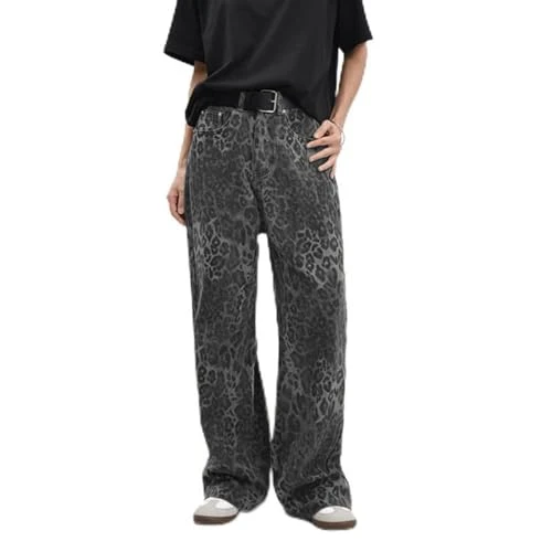 Leopard Jeans for Women UK Unisex Casual Pants Jeans Leopard Print Hip Hop Wide Leg Straight Denim Trousers with Pockets Button-Zipper Streetwear for Young Baggy Flared Y2k Jeans