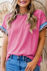 Leopard Patchwork Rib Crew Neck T hirt - Bonbon / / 75%Polyester+%Viscose+%Elastane