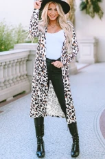 Leopard Pocketed Open Front Duster Cardigan EOPARD / / 95%POLYESTER+%ELASTANE