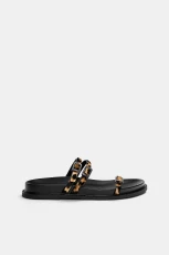 Leopard Print Leather Flat Slider Sandals