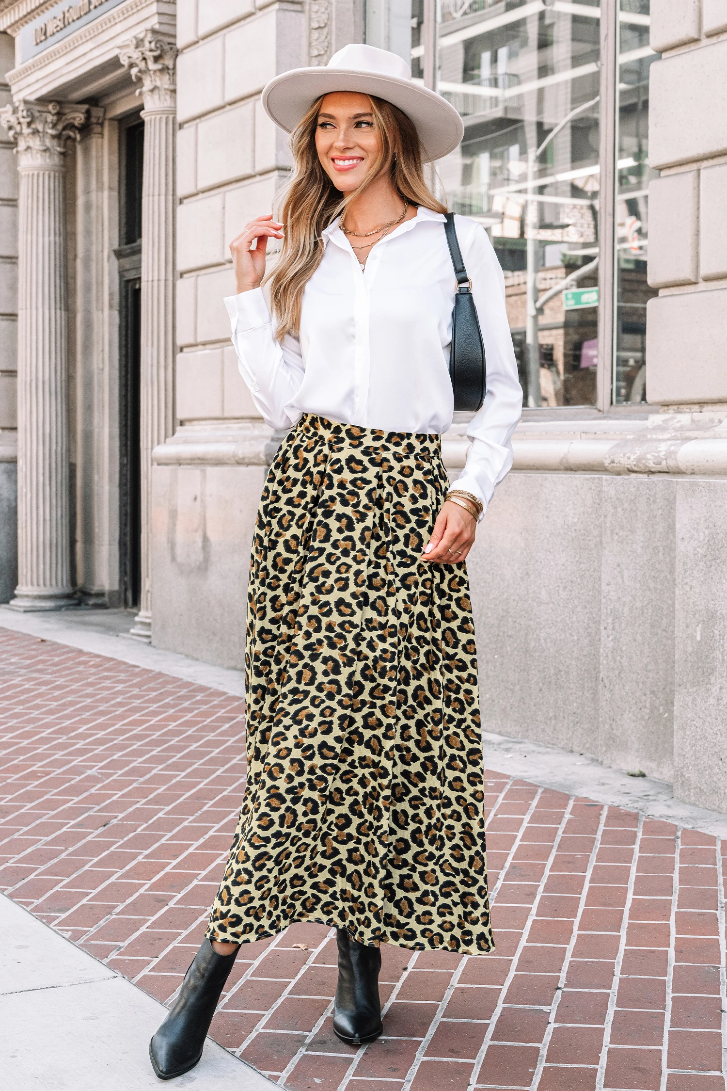 Leopard Print Pleated Maxi Skirt - Brown