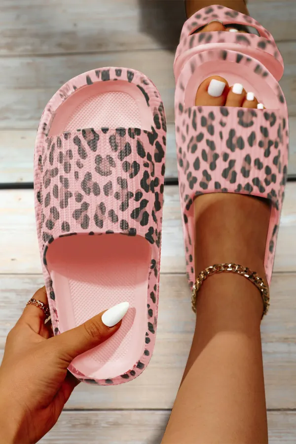Leopard Thick Sole Flat Sandals - Pink / - Pink