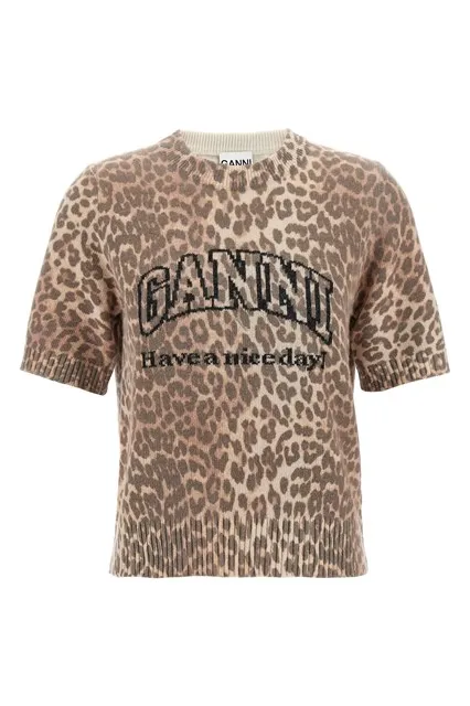 Leopard Wool Mix T-shirt - Brown