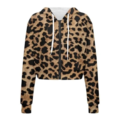 Leopard Zip Up Hoodie for Women Cropped Jackets Y2K Aesthetic Crop Long Sleeve Tops Casual Pocketed Cardigan Jacket Drawstring Hooded Sweatshirts 4XL/5XL Thin Coat
