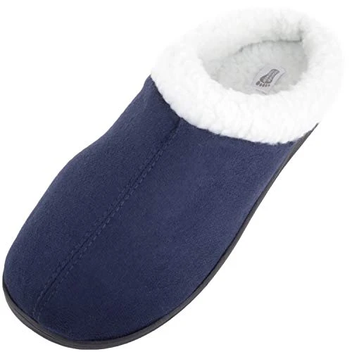 Liam, Mens Slip On Winter Cold Mule Slippers with Trim - Navy - Large (UK 10 / UK 11)