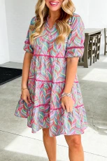Light Blue Abstract Printed Ricrac Tiered Puff Sleeve Dress IGHT BLUE / / 100%POLYESTER