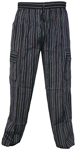 Light Cotton Loose Elastic Waist Summer Pocket Casual Lounge Wear Trousers Pant Striped Brown XXX-La